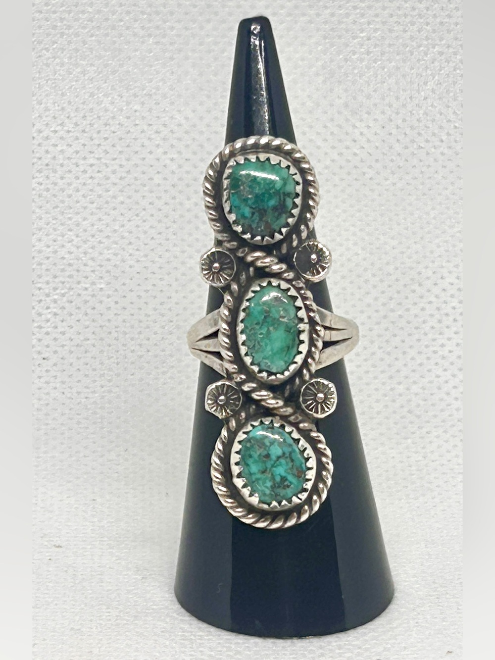 Turquoise Triple Stone Sterling Silver Ring - Green Turquoise